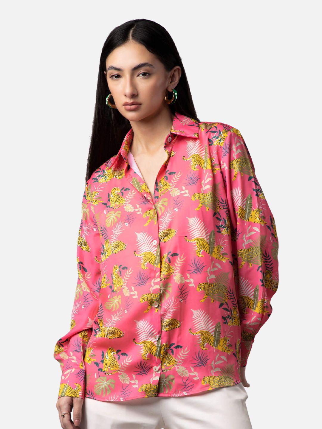 neofaa women pink floral semi sheer printed casual shirt