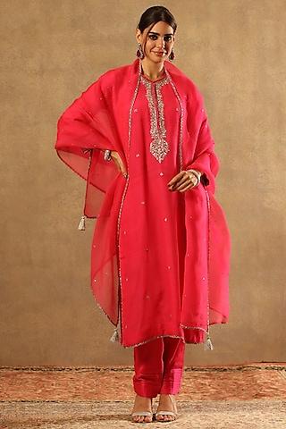 neon candy pink handwoven pure katan silk embroidered kurta set