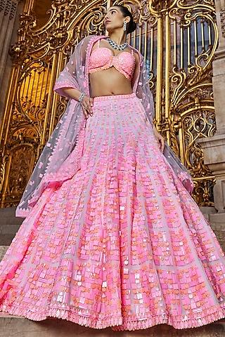 neon peach & pink net sequins embroidered lehenga set