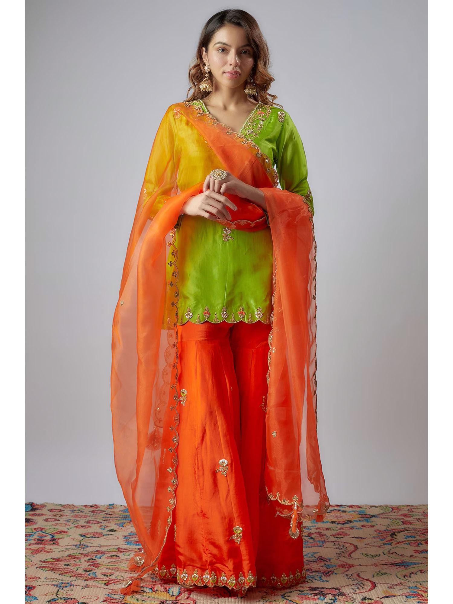 neon green & orange hand embroidered sharara (set of 3)