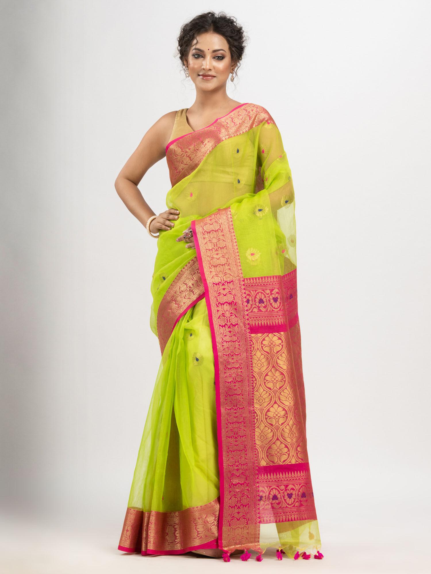 neon green art silk banarasi saree with unstitched blouse