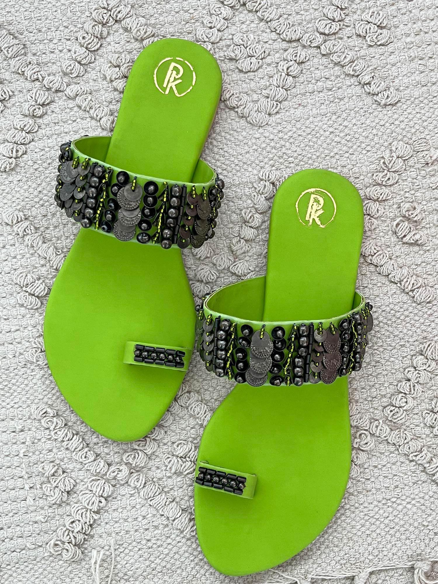 neon green bohemian thumb flats