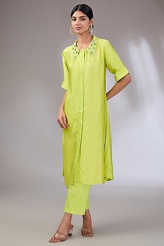 neon green cotton hand embroidered kurta set