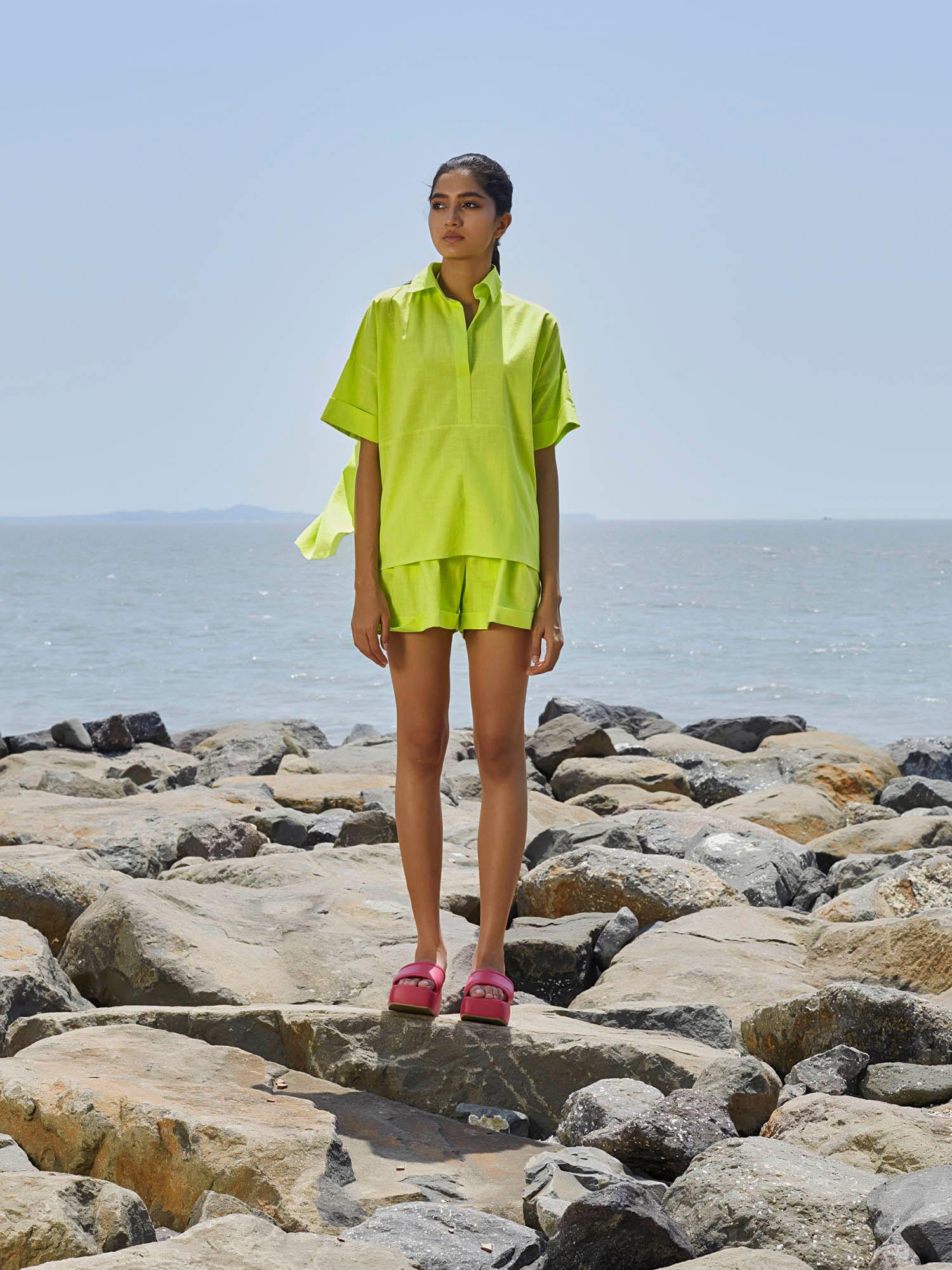 neon green ekin shirt and shorts (set of 2)