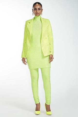 neon green embroidered straight kurta set with blazer