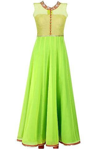 neon green georgette pitta embroidered anarkali set