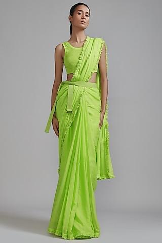 neon green mul saree set