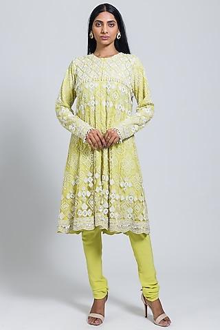 neon green net sequins & moti hand embellished flared tunic set