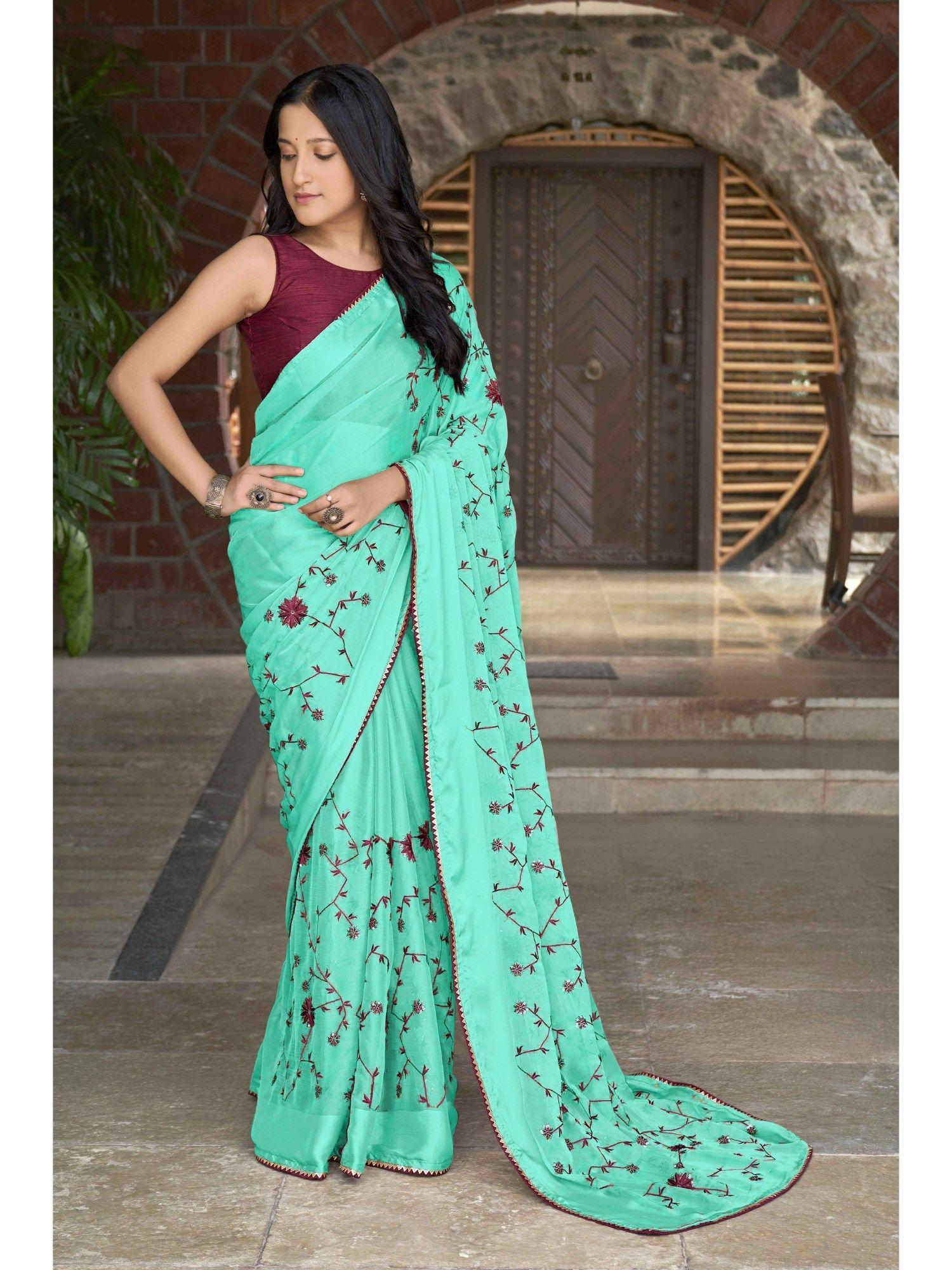 neon green poly georgette embroidered saree with unstitched blouse