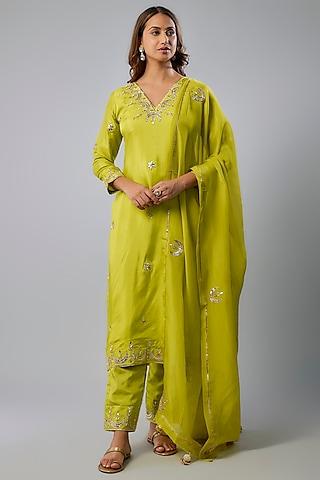 neon green pure spun silk dabka hand embroidered kurta set