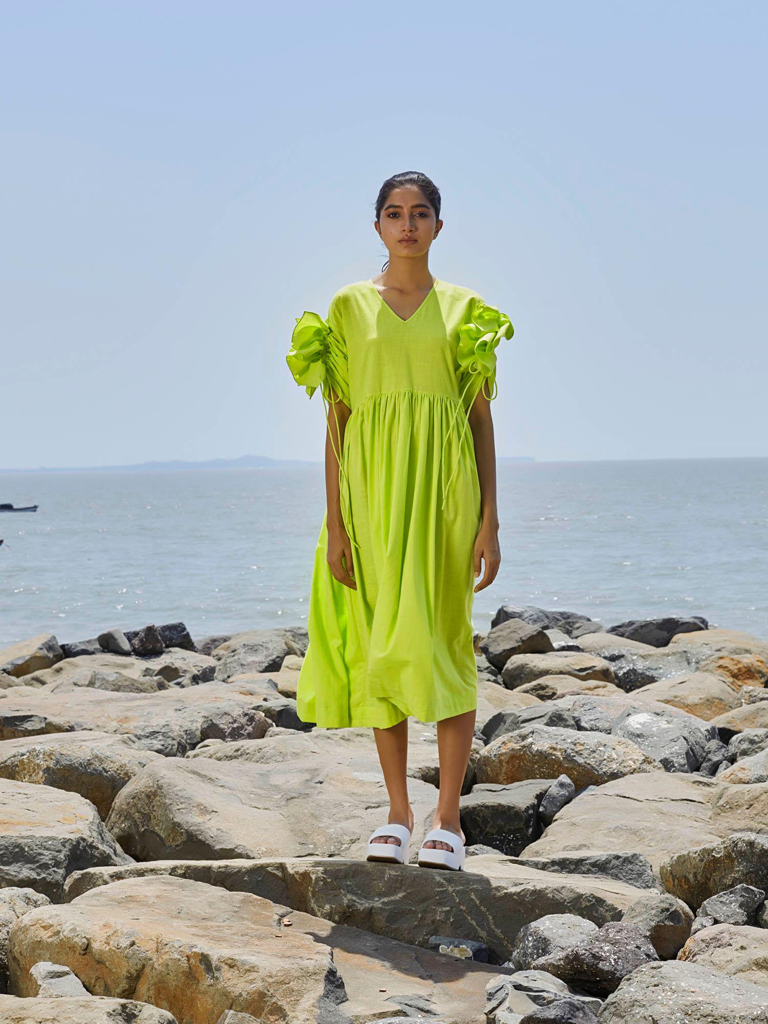 neon green ruffle sleeve dress