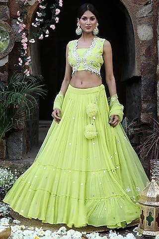 neon green silk & georgette hand embroidered flared lehenga set