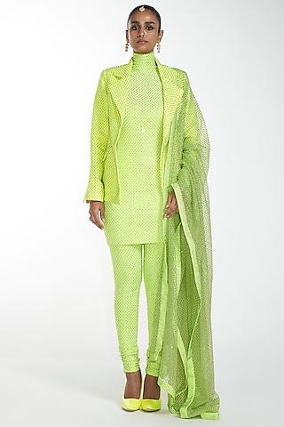 neon green silk jersey straight kurta set with blazer