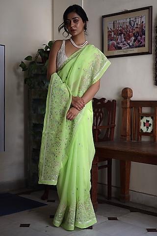 neon green silk organza resham embroidered saree