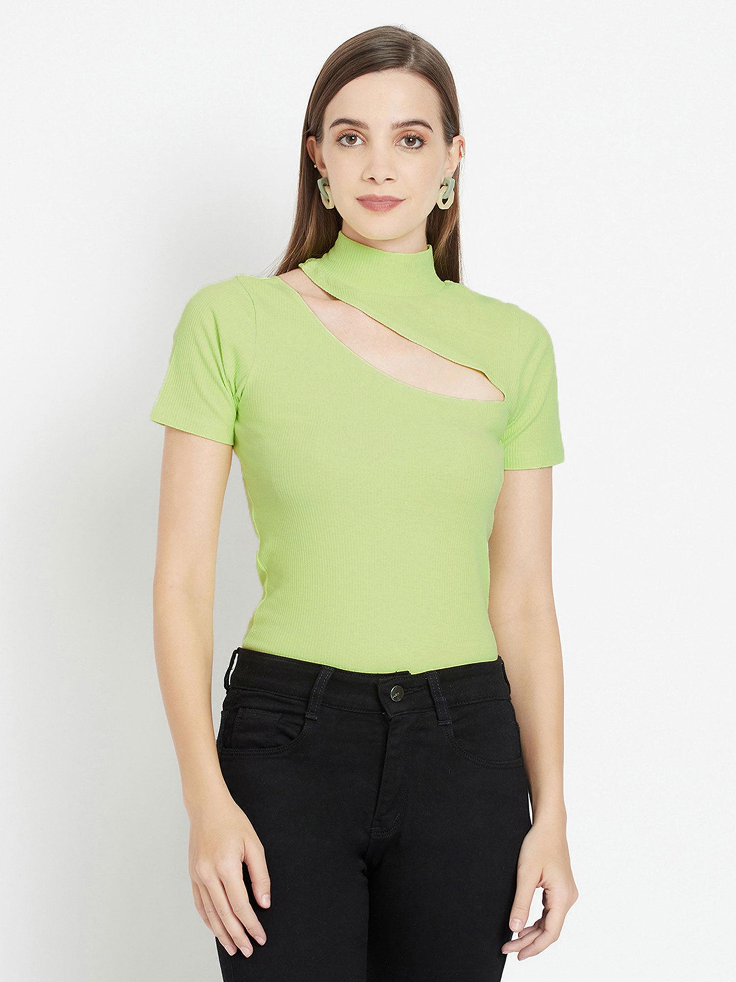 neon green solid neon petite soft knit cut out top