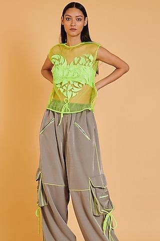 neon green tulle embroidered top