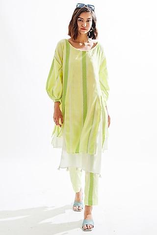 neon parrot green striped kurta set