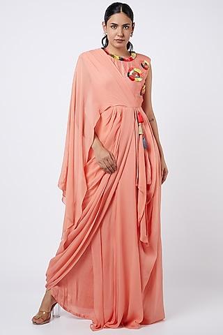 neon peach georgette draped dress