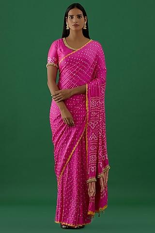 neon pink bandhej modal satin embellished saree set
