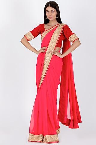 neon pink georgette saree set