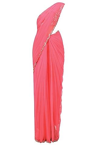 neon pink pearls and sequins embellised saree and blouse set