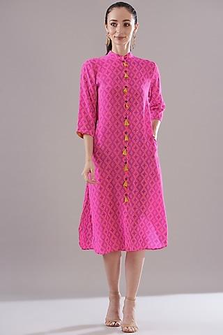 neon pink pure silk crepe printed dress