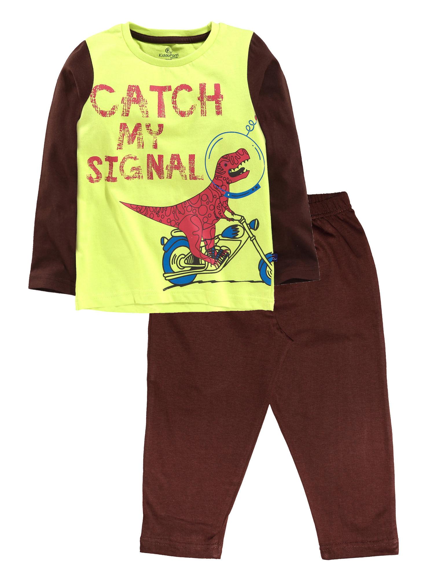 neon yellow & brown boys full sleeve print tee & solid pyjama pant (set of 2)