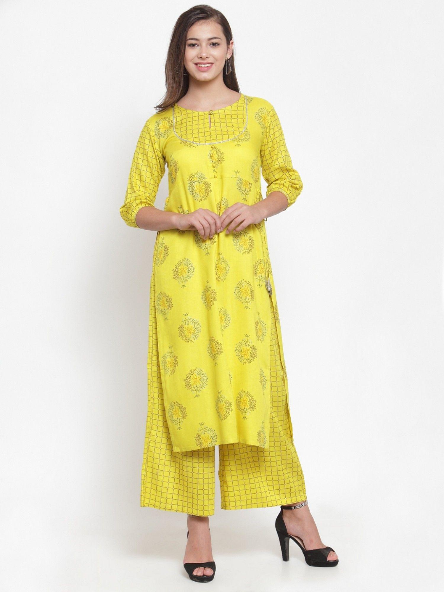 neon yellow foil print straight kurta