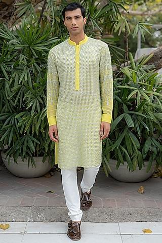 neon yellow georgette zari & sequins embroidered kurta set