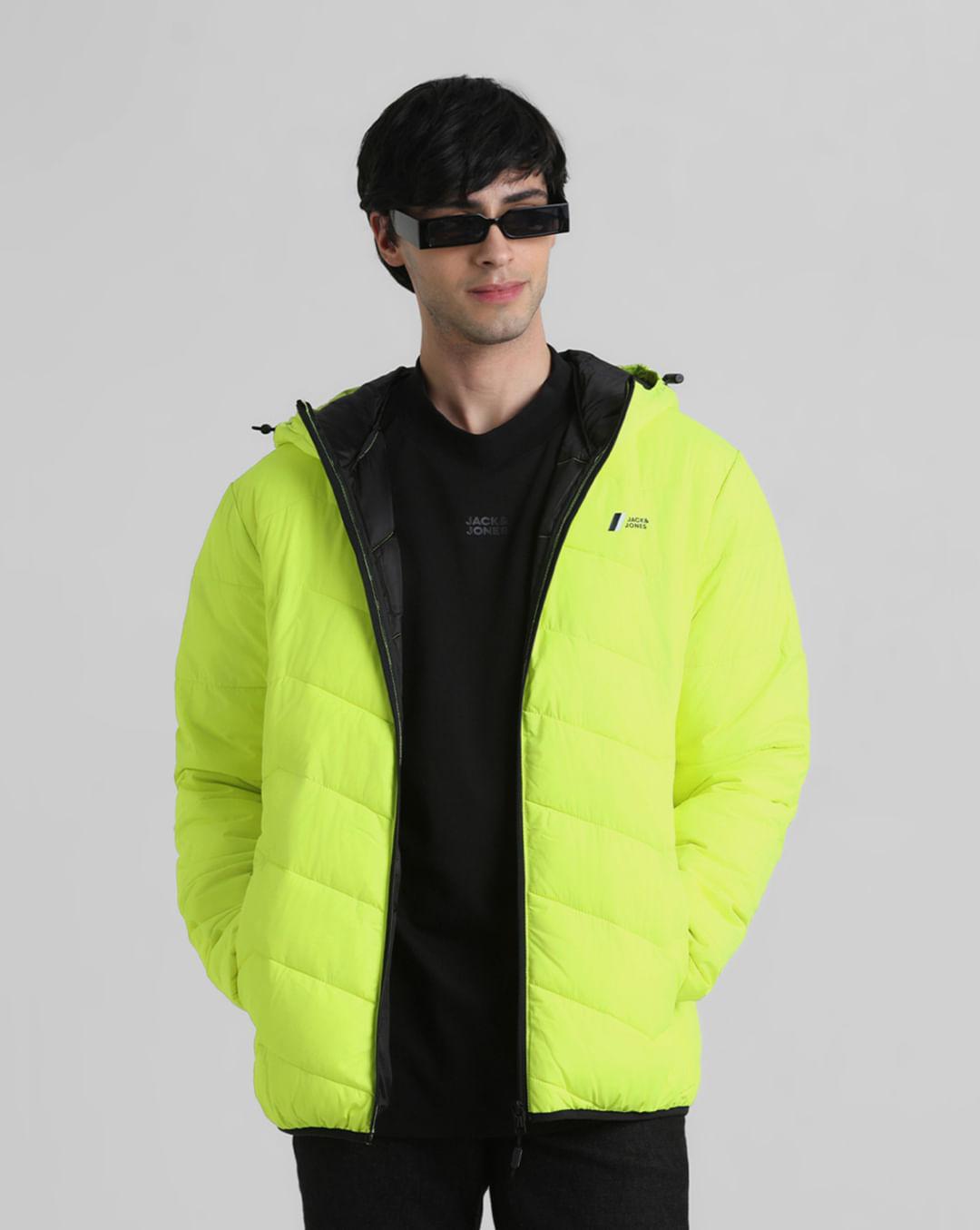 neon yellow hooded puffer jacket