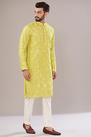 neon yellow silk embroidered kurta set