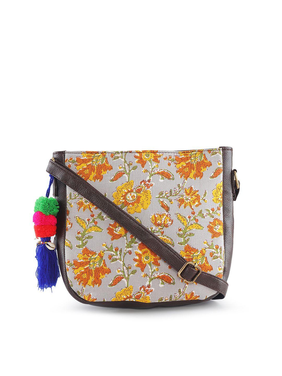 nepri women floral printed structured sling bag with tasselled