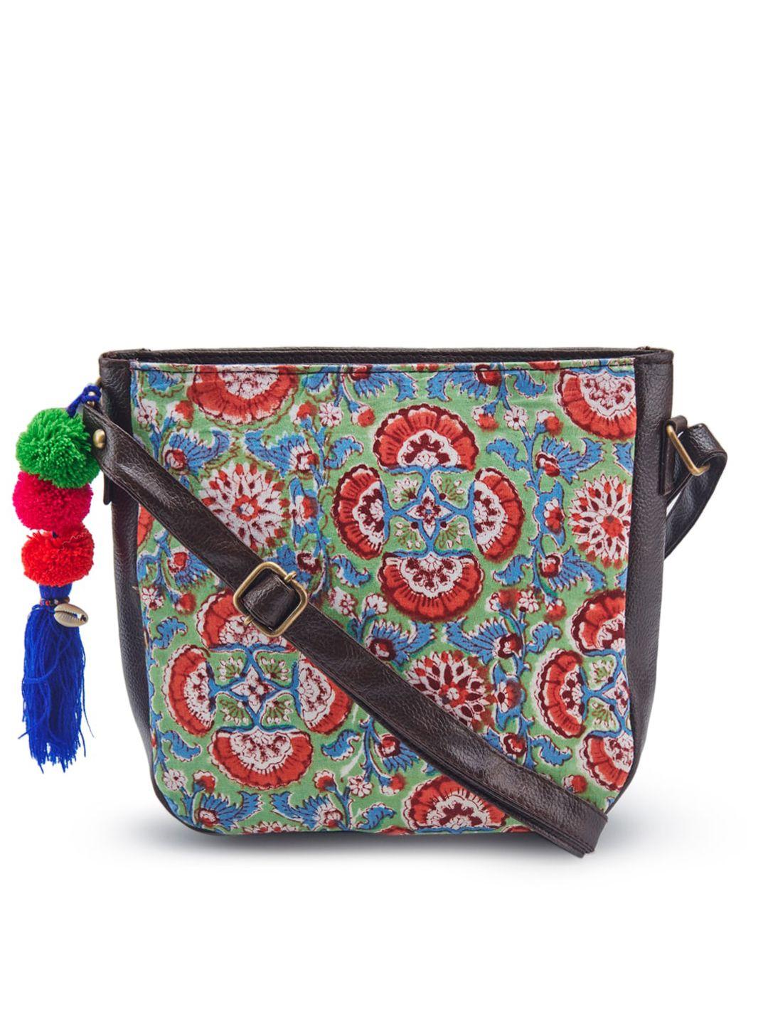 nepri ethnic motif printed structured sling bag with tasselled