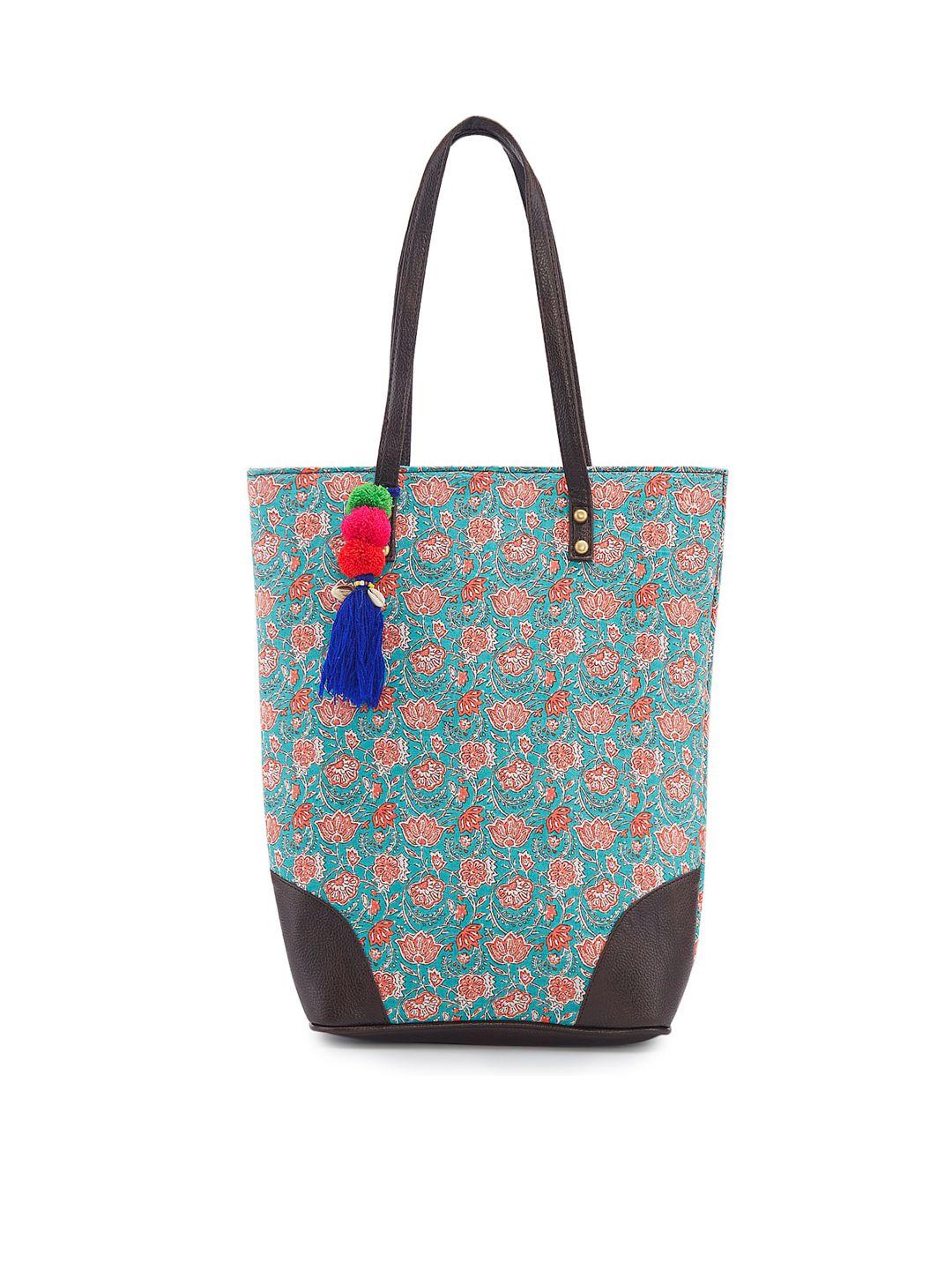 nepri floral printed shopper tote bag with tasselled