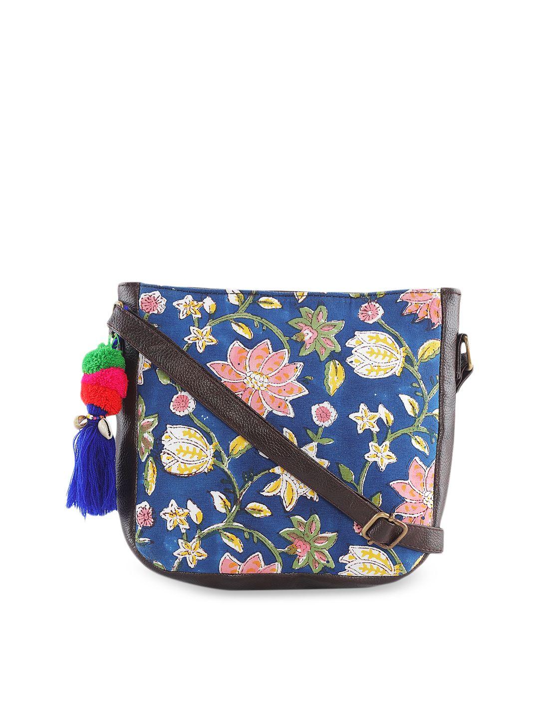 nepri floral printed structured sling bag with tasselled