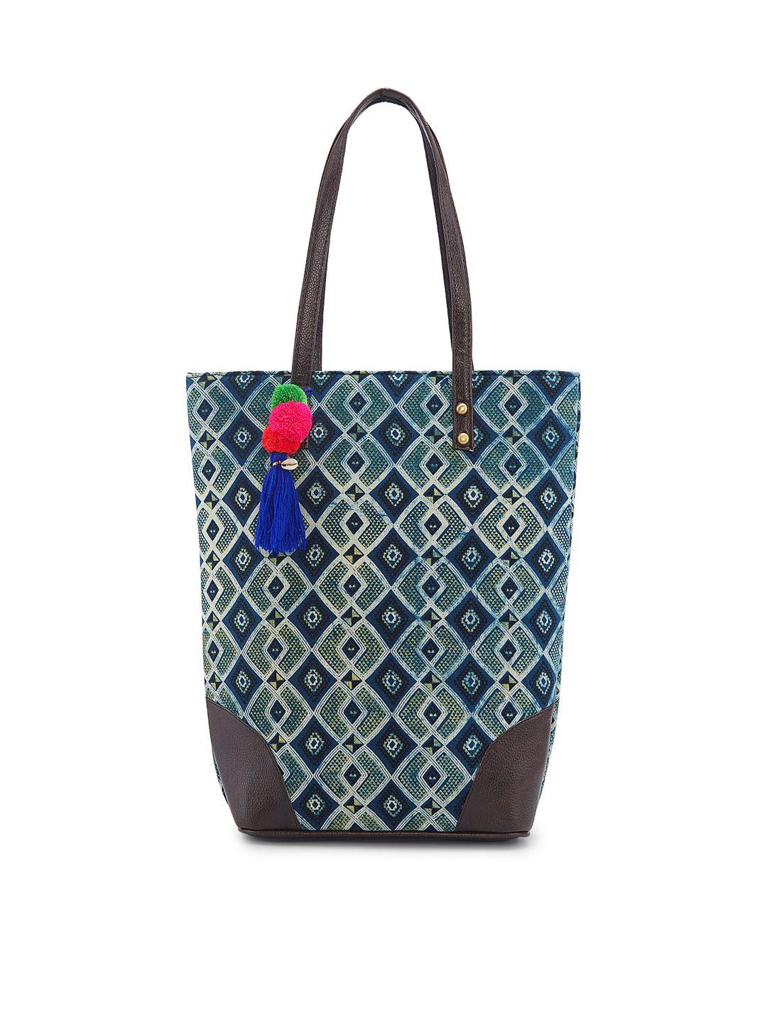 nepri geometric printed shopper tote bag with tasselled
