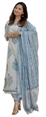 nermosa women block printed kurta and pant set with dupatta (large) white