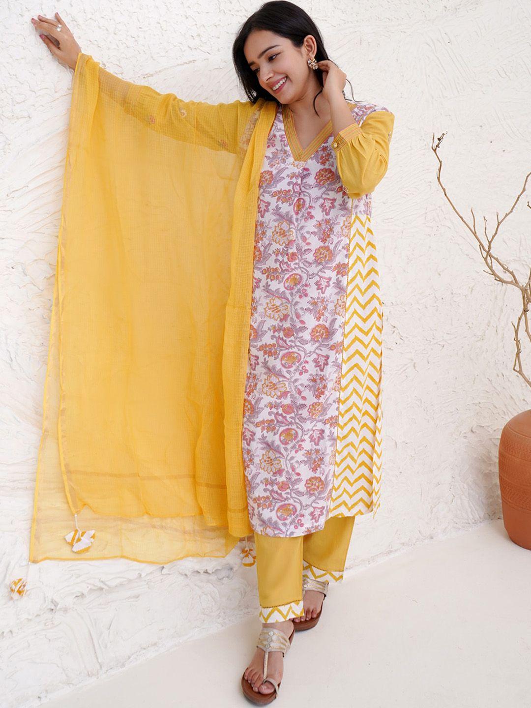 nero ethnic motifs printed v-neck puffed sleeves regular pure cotton kurta with trousers