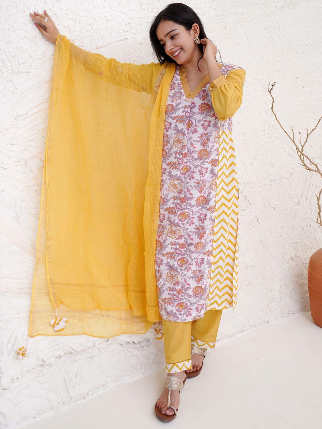 nero floral printed pure cotton kurta with trousers & dupatta