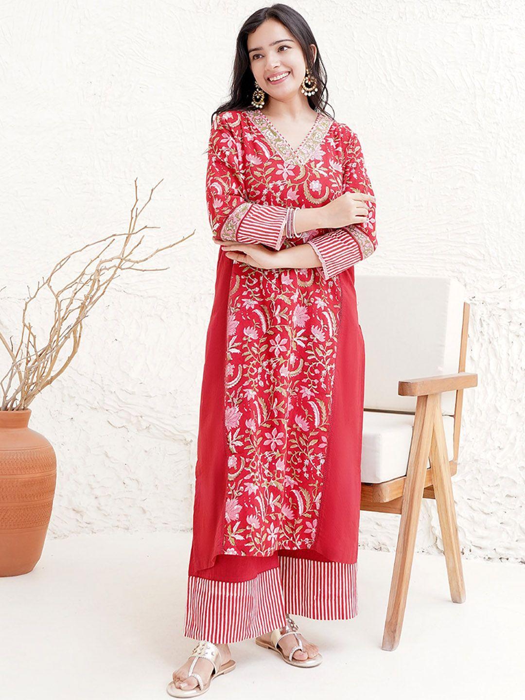 nero floral printed regular pure cotton kurta with trousers & dupatta