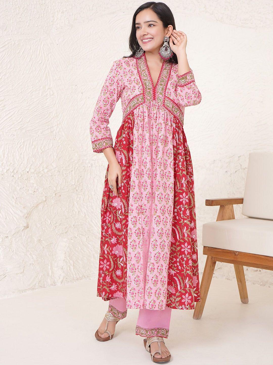 nero floral printed thread work pure cotton empire kurta with trousers & dupatta