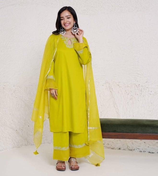 nero olive lime hues of joy dori kurta with wide leg pants and dupatta