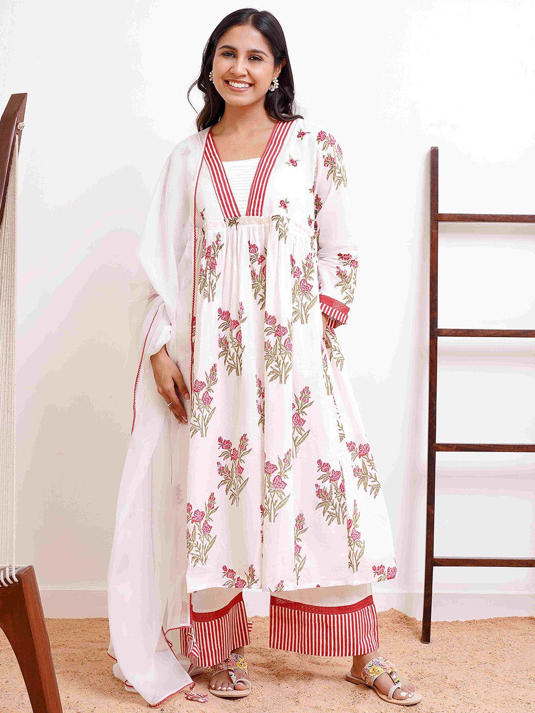 nero shawl collar long sleeves floral printed empire pure cotton kurta with palazzos