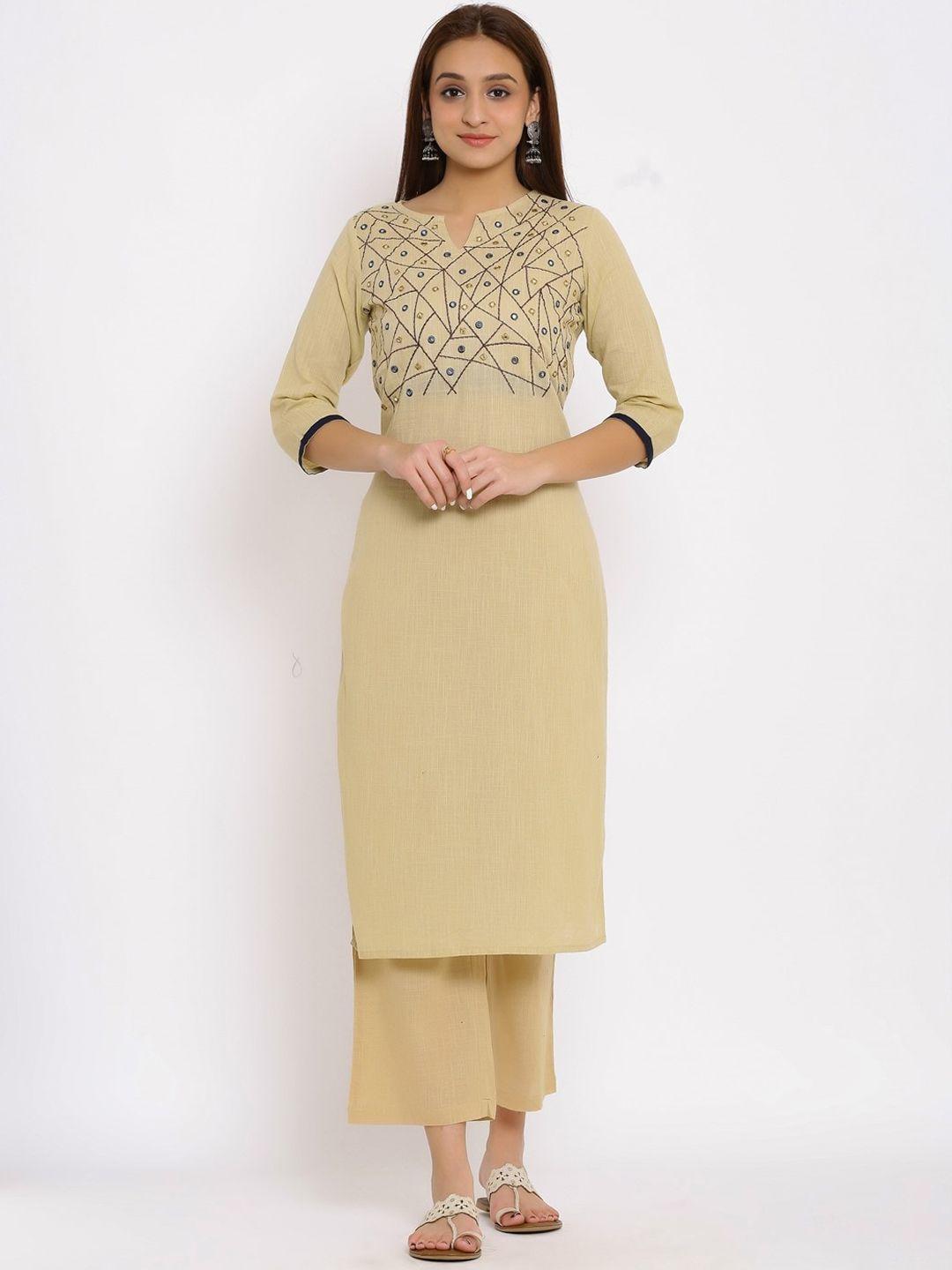 neshamakurti women beige floral embroidered pure cotton kurta with trousers