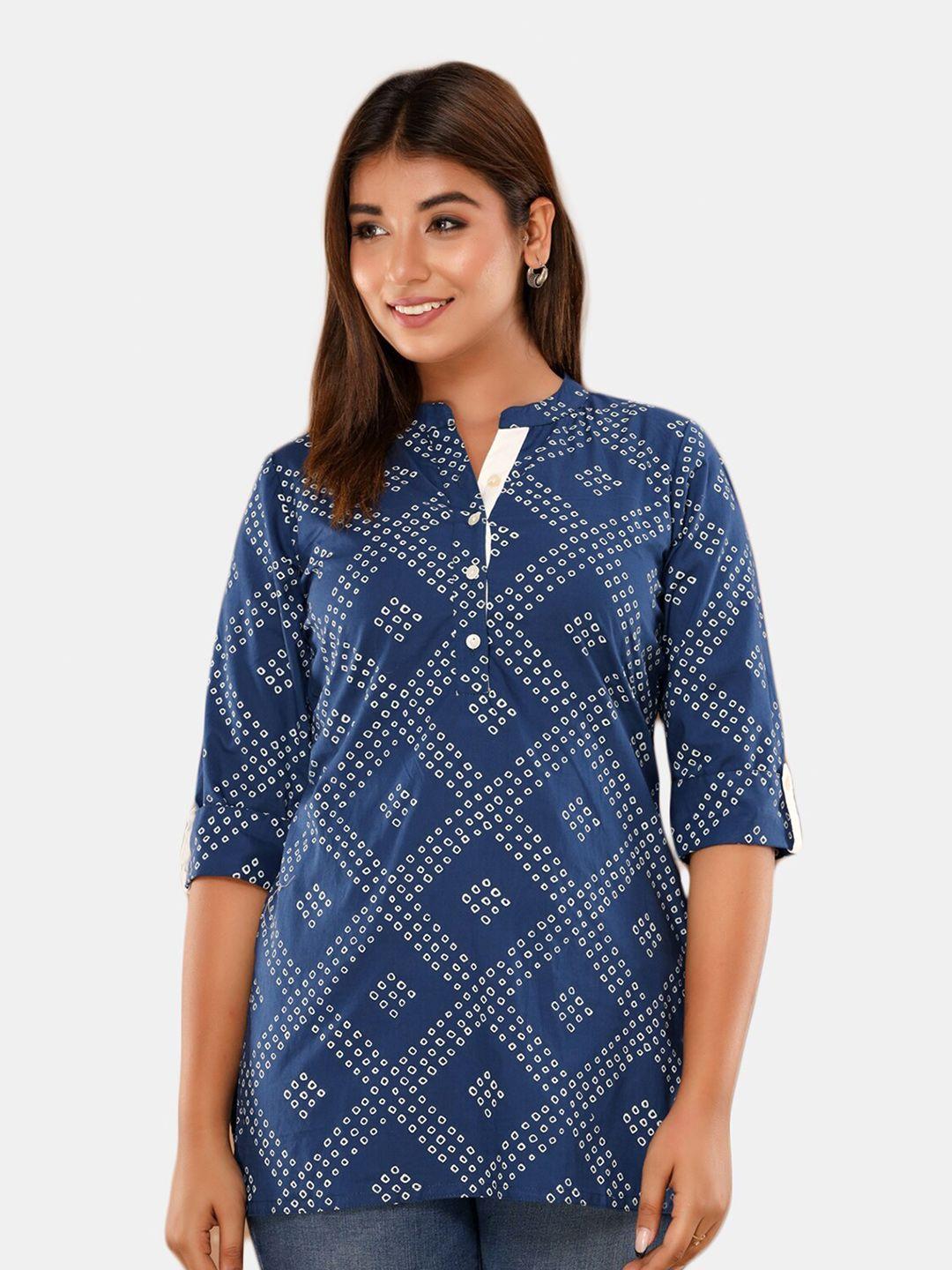 neshamakurti blue & white geometric printed pure cotton jacquard kurti