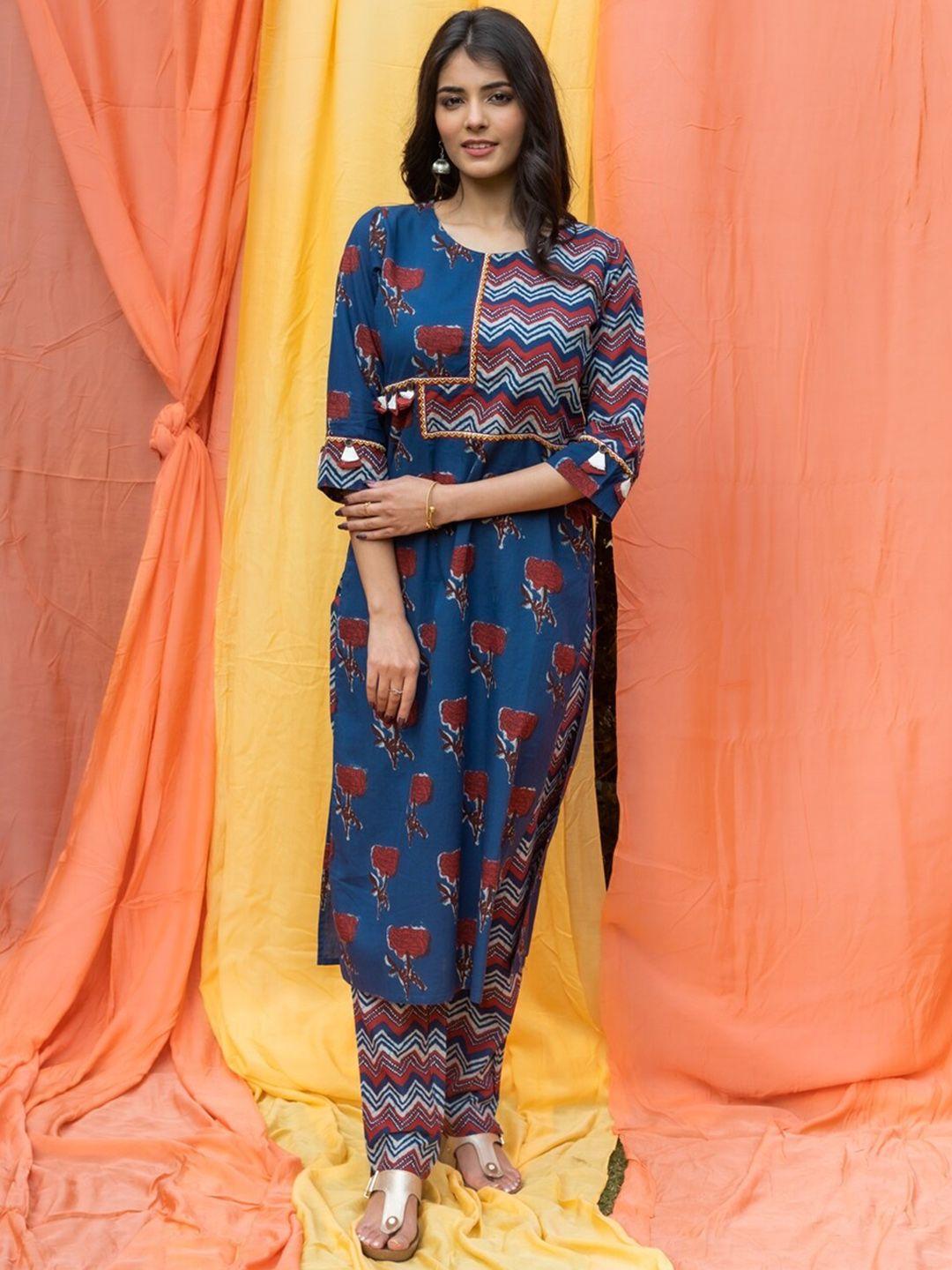 neshamakurti women blue floral embroidered pure cotton kurta with trousers