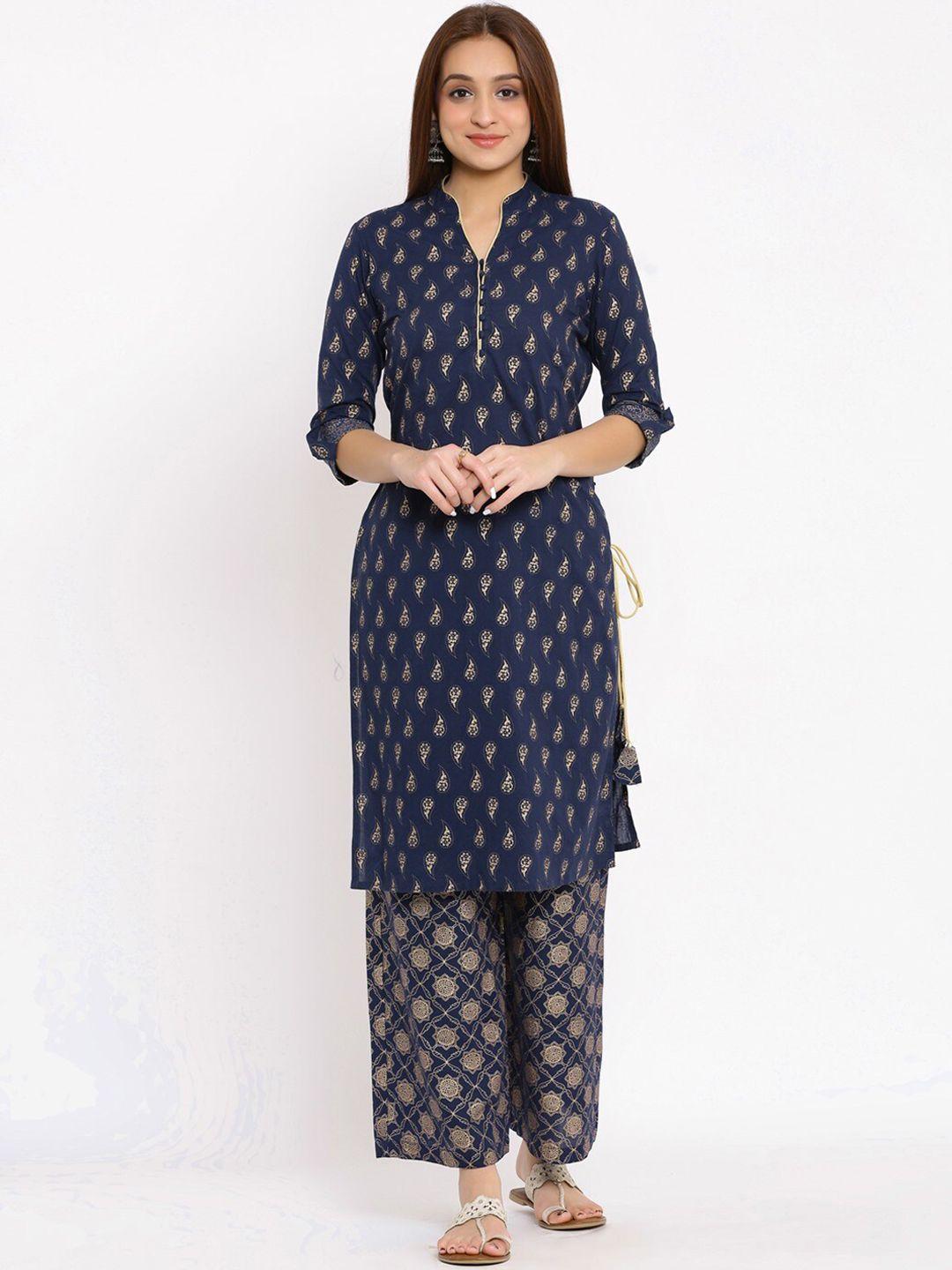 neshamakurti women blue paisley printed cold-shoulder sleeves thread work kurta