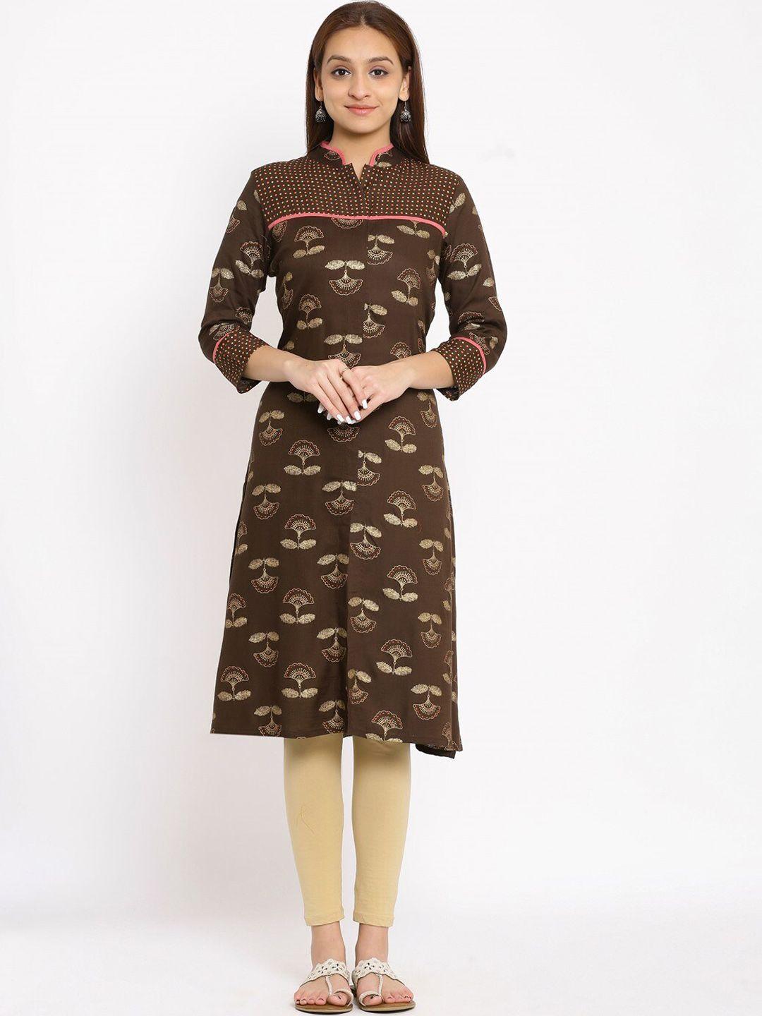 neshamakurti women brown & gold-toned floral printed kurta