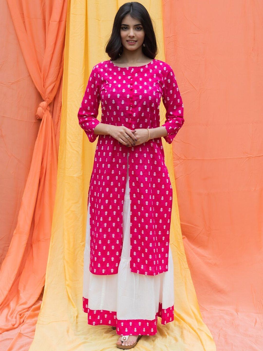neshamakurti women ethnic printed high slit pure cotton kurta with skirt