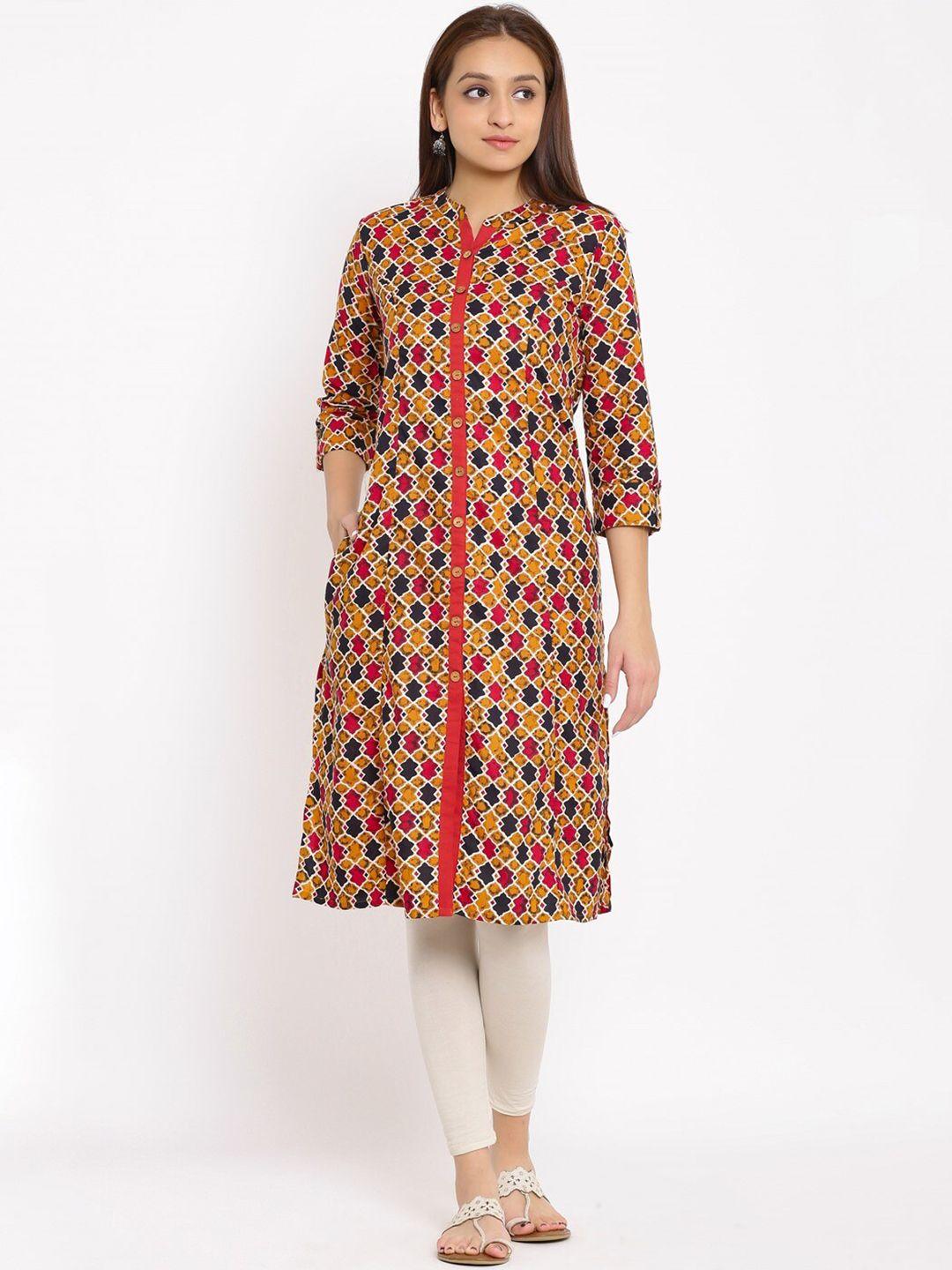 neshamakurti women mustard yellow floral printed mirror work kurta